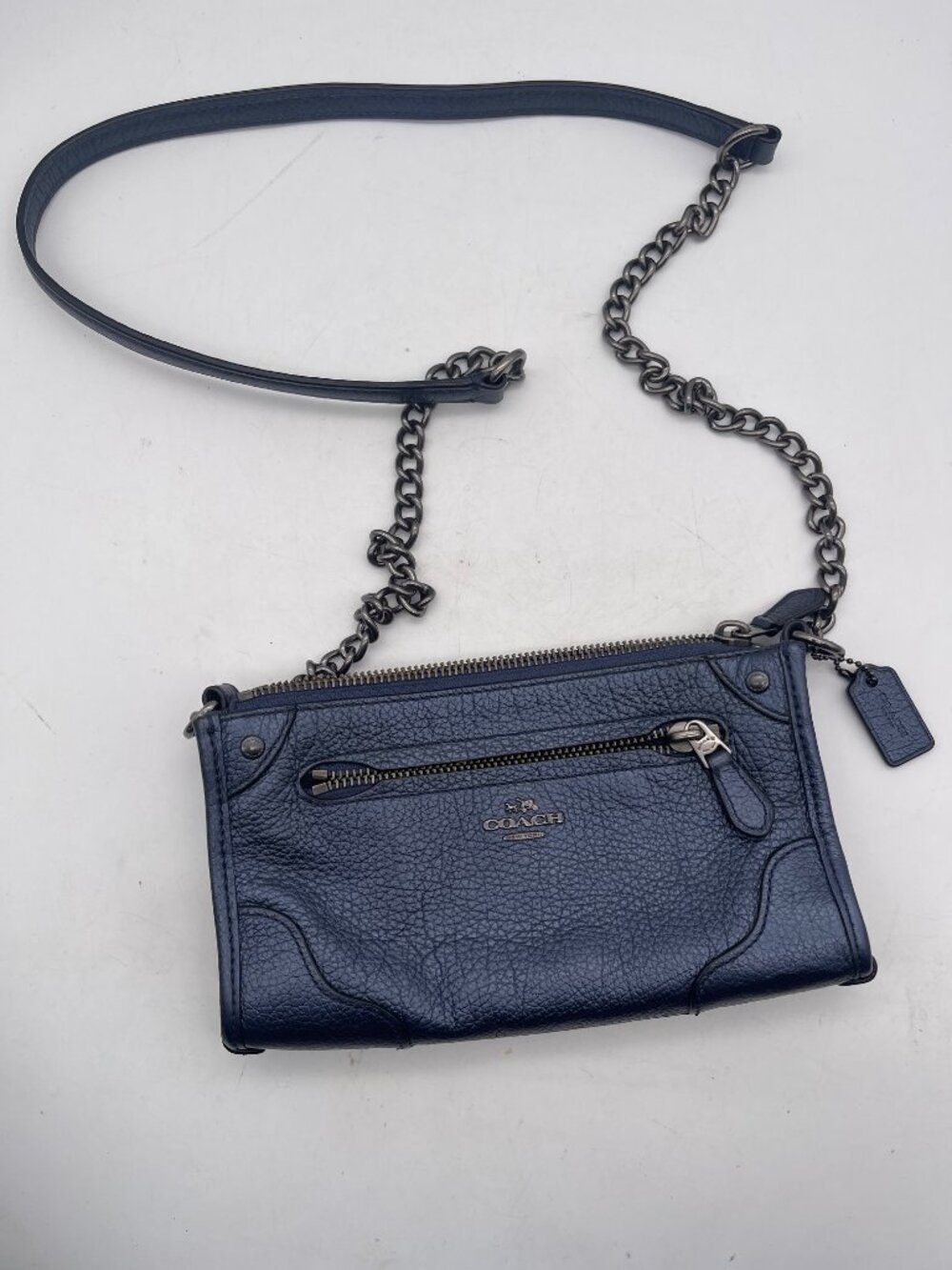 Coach Crossbody Metallic Navy Bag Leather Zipper Silver Tone Chain Handbag T22